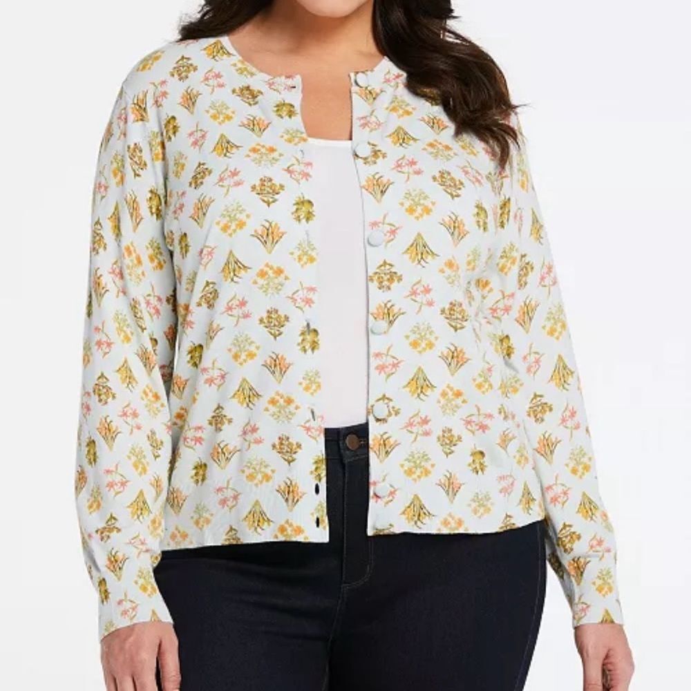 ELLA Rafaella Light Blue Floral Big Button Cardigan Size L Gardening